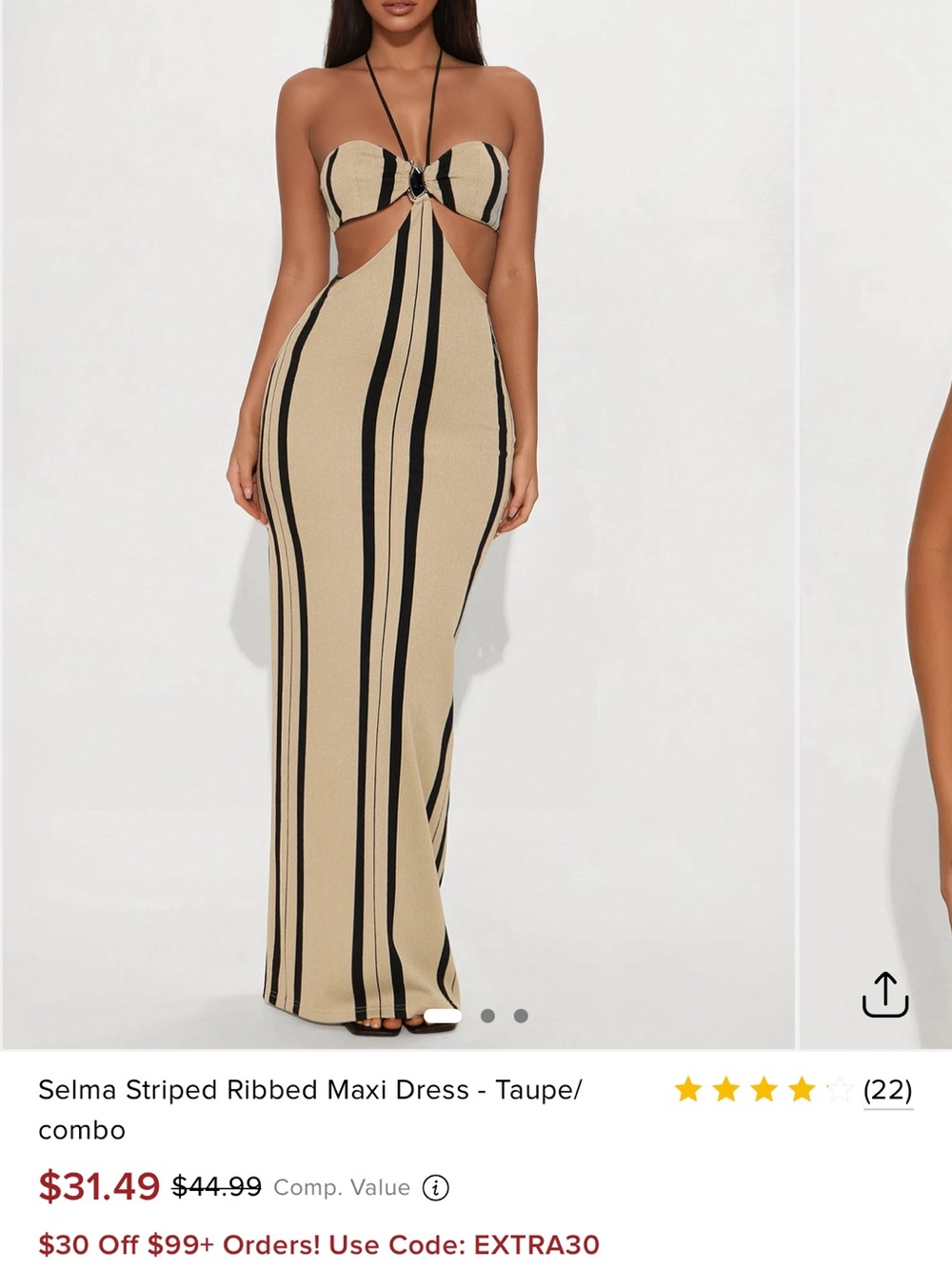 Fashion Nova Taupe & Black Striped Cutout Maxi Dress